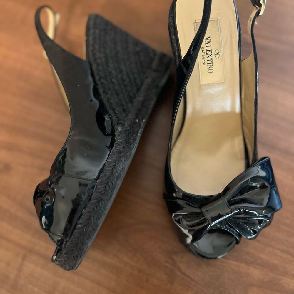 Valentino Black Patent Leather Mena Espadrille Wedge Slingback Sandal Size 5.5 - Picture 2 of 8